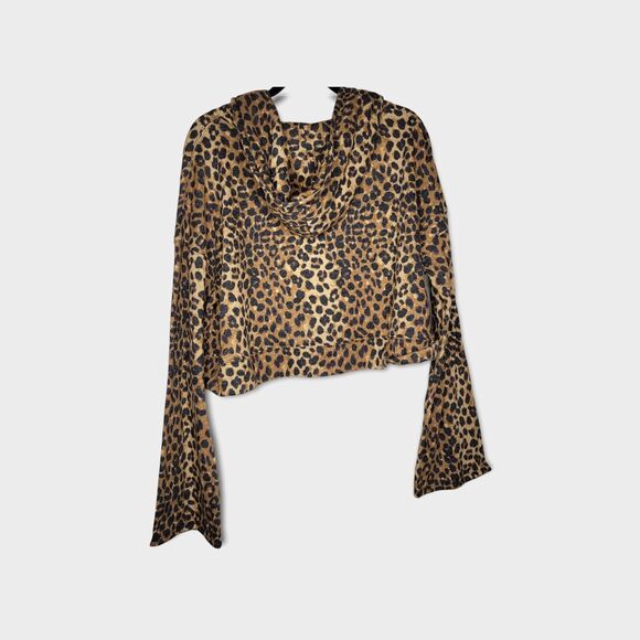 Lovers + Friends Cheetah Bell Sleeve Cropped Oversized French Terry Hoodie Sz L - Picture 6 of 8